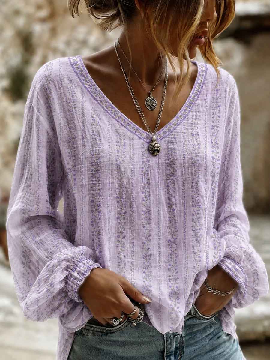 Women's Purple Flora Art Print Cotton-Linen Shirt