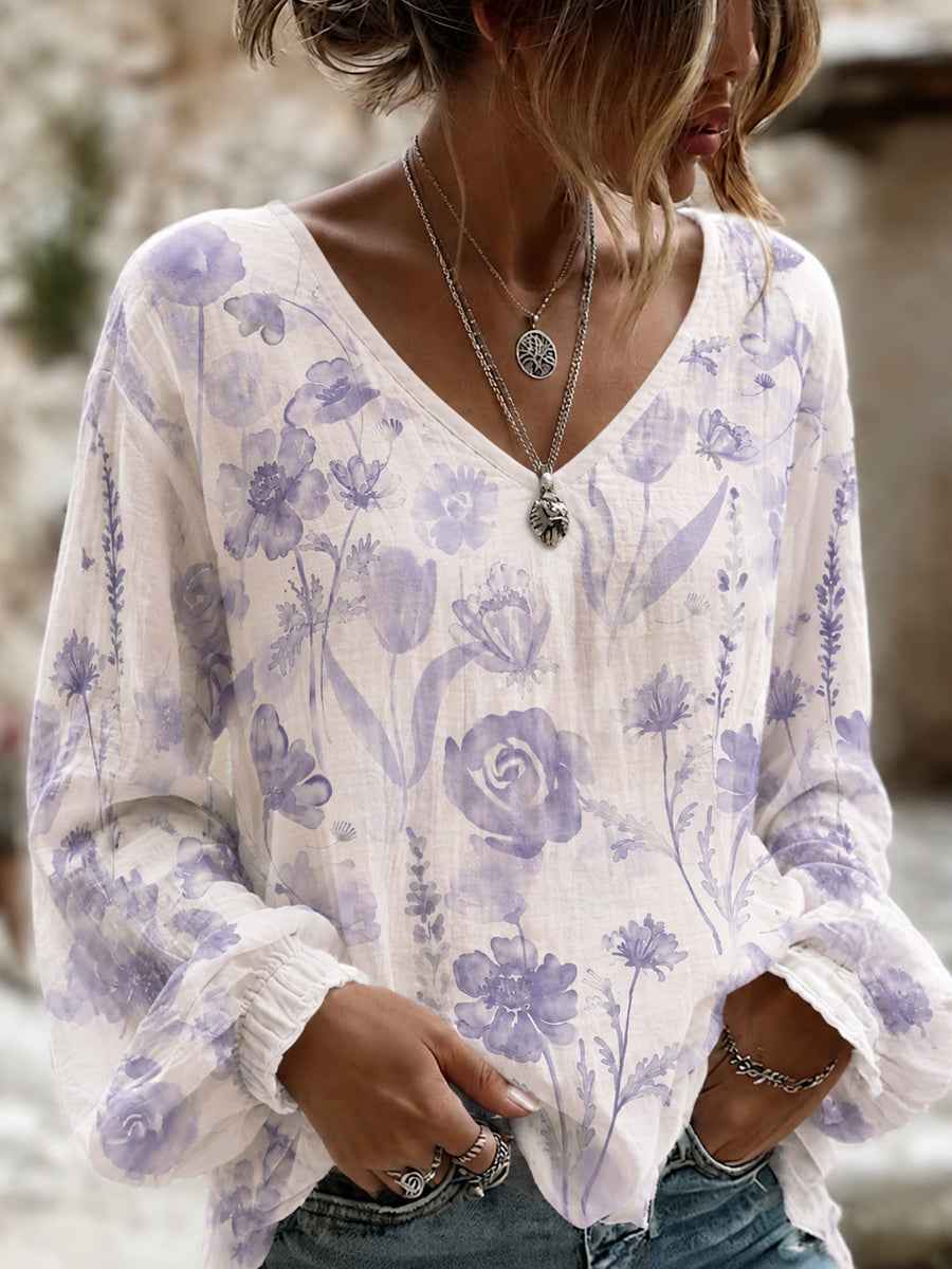 Women's Purple Flora Art Print Cotton-Linen Shirt