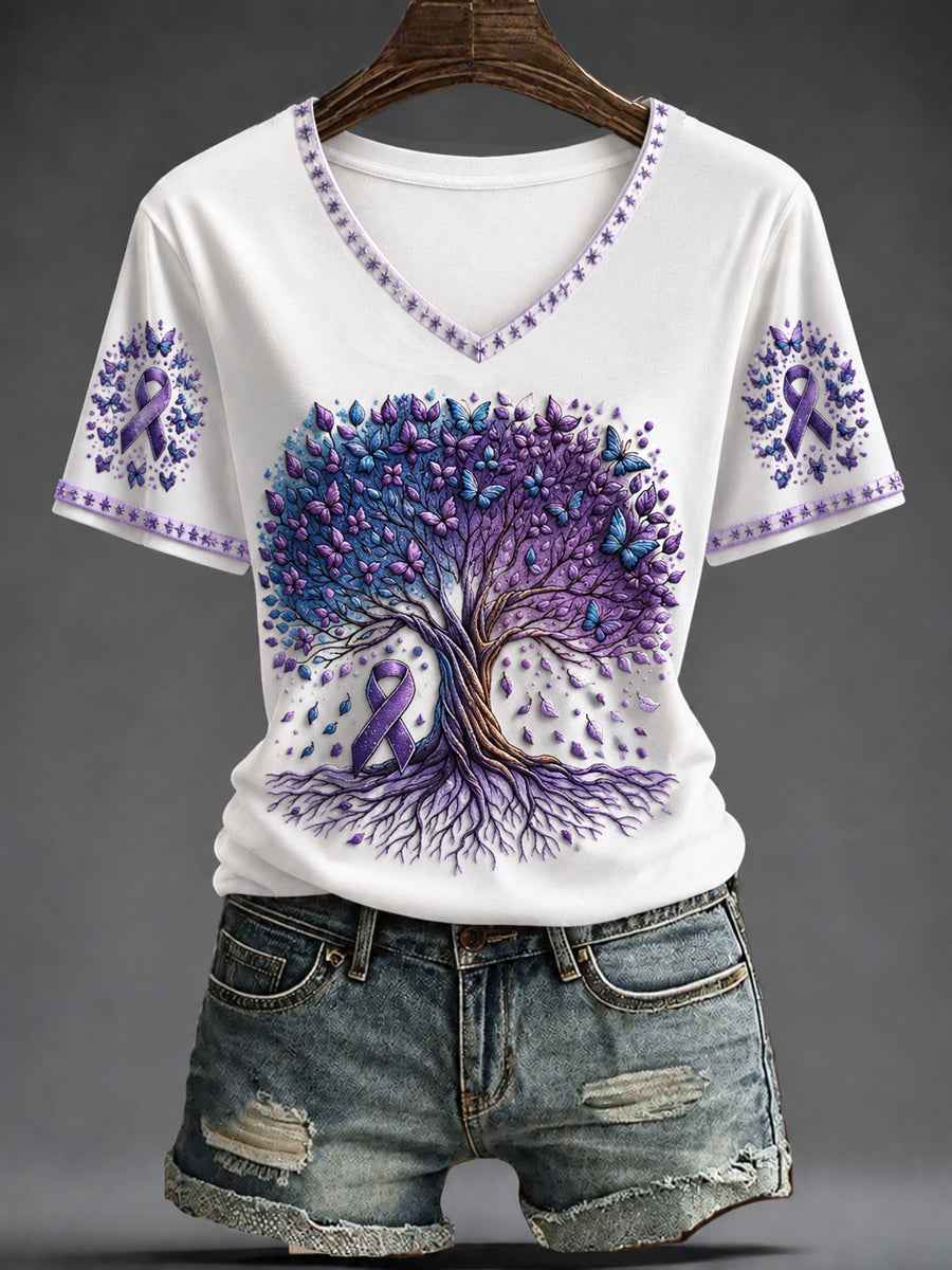 Women's Purple Art Printed V-neck T-shirt