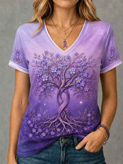 Women's Purple Floral & Tree Of Life Print Alzheimer's Awareness Support V-Neck Tee