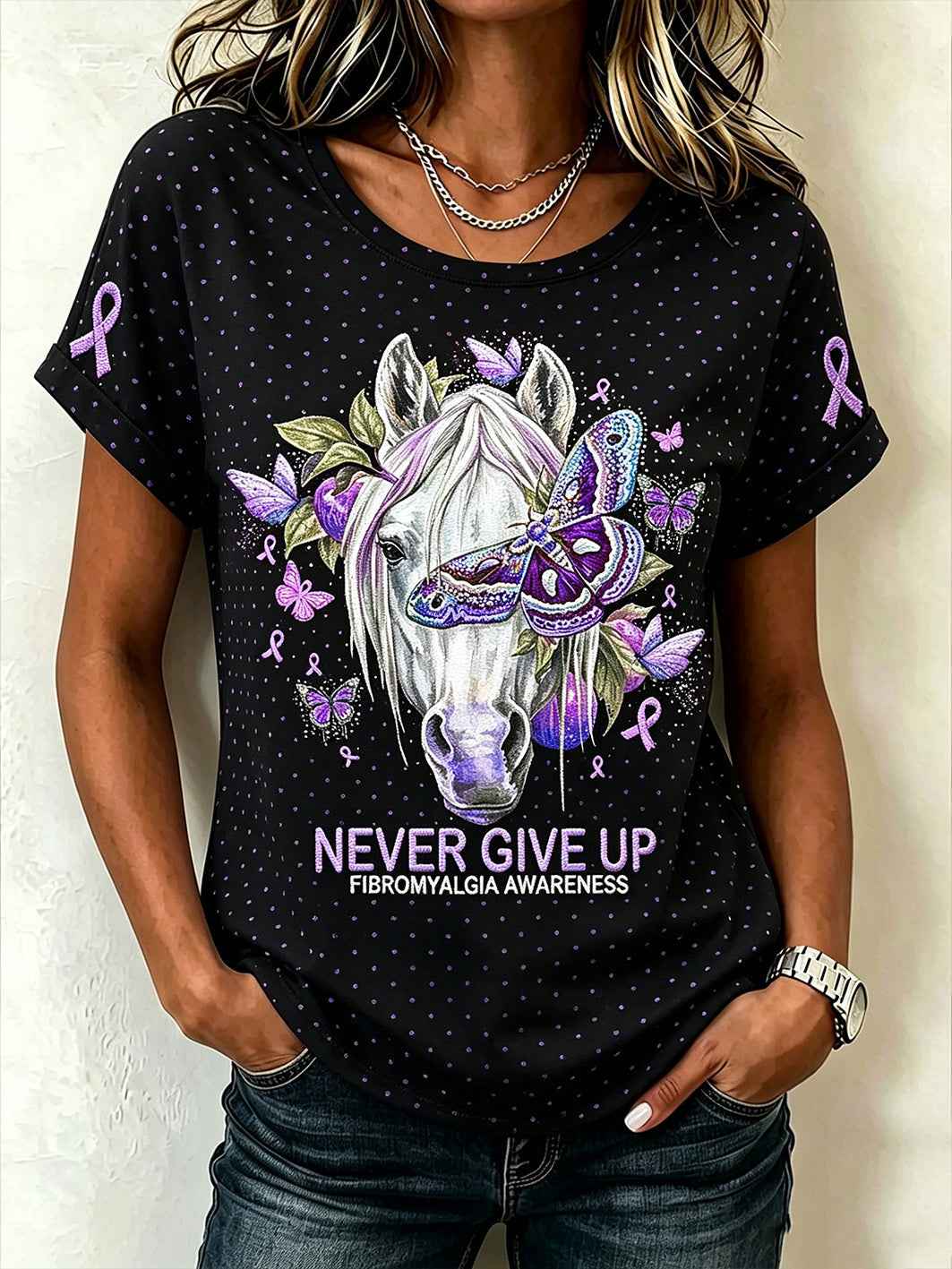 Women's Alzheimer's disease awareness pattern printed casual short-sleeve T-shirt