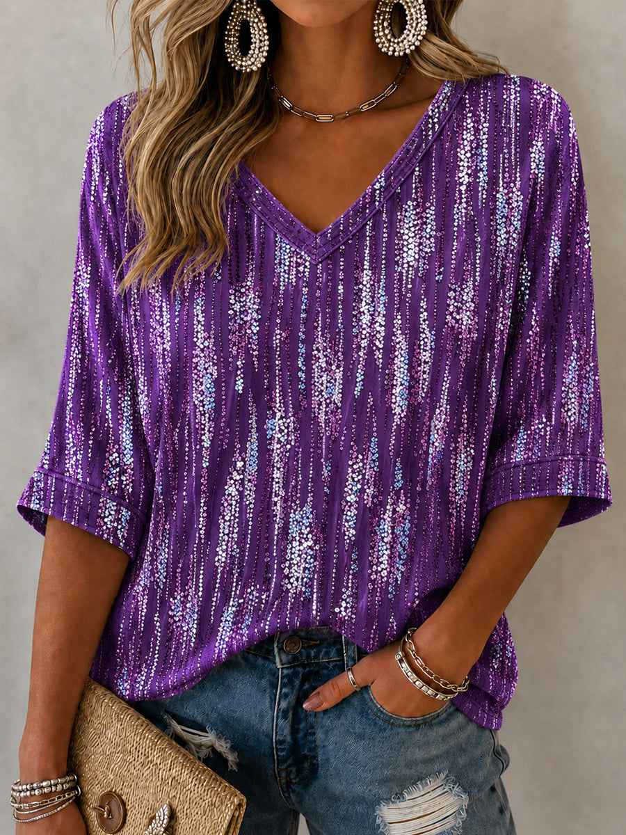 Women's Purple Art Print Alzheimer's Awareness Support Mid-length Sleeves V-Neck T-Shirt