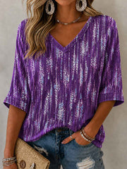 Women's Purple Art Print Alzheimer's Awareness Support Mid-length Sleeves V-Neck T-Shirt