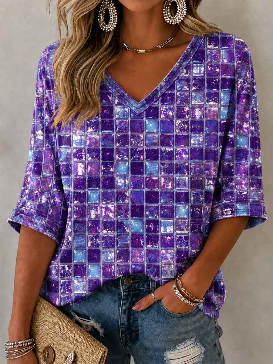 Women's Purple Art Print Alzheimer's Awareness Support Mid-length Sleeves V-Neck T-Shirt