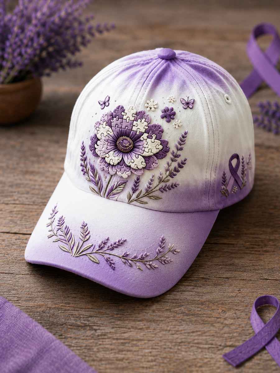 Unisex Purple Floral & Ribbon Print Alzheimer's Awareness Support  Print Hat