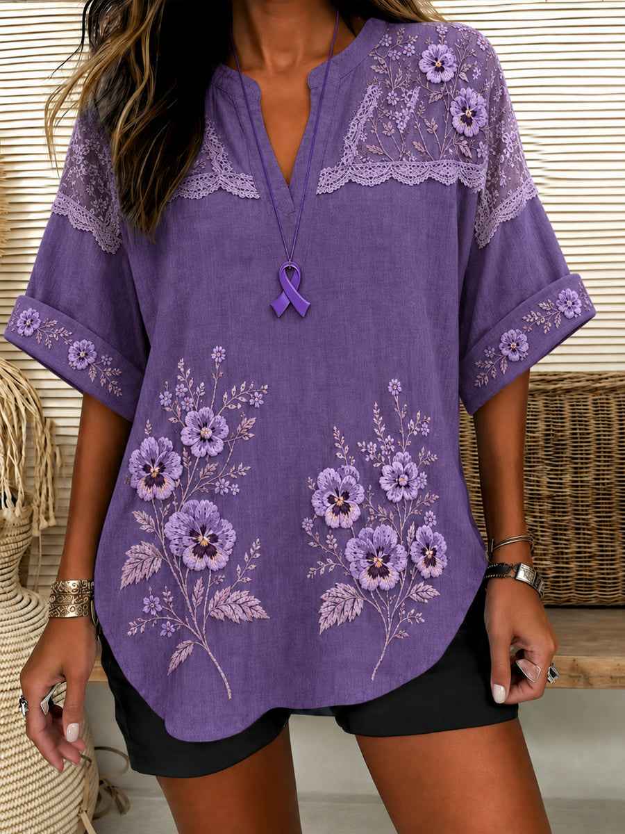 Purple Floral Art Print Alzheimer's Awareness Support Linen Shirt