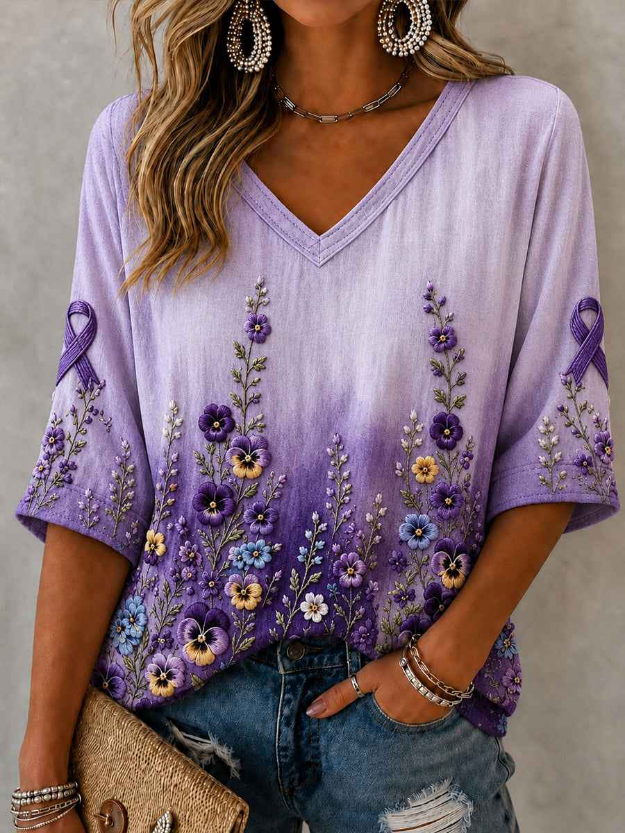 Women's Purple Floral Art Print Alzheimer's Awareness Support Linen V-Neck Shirt