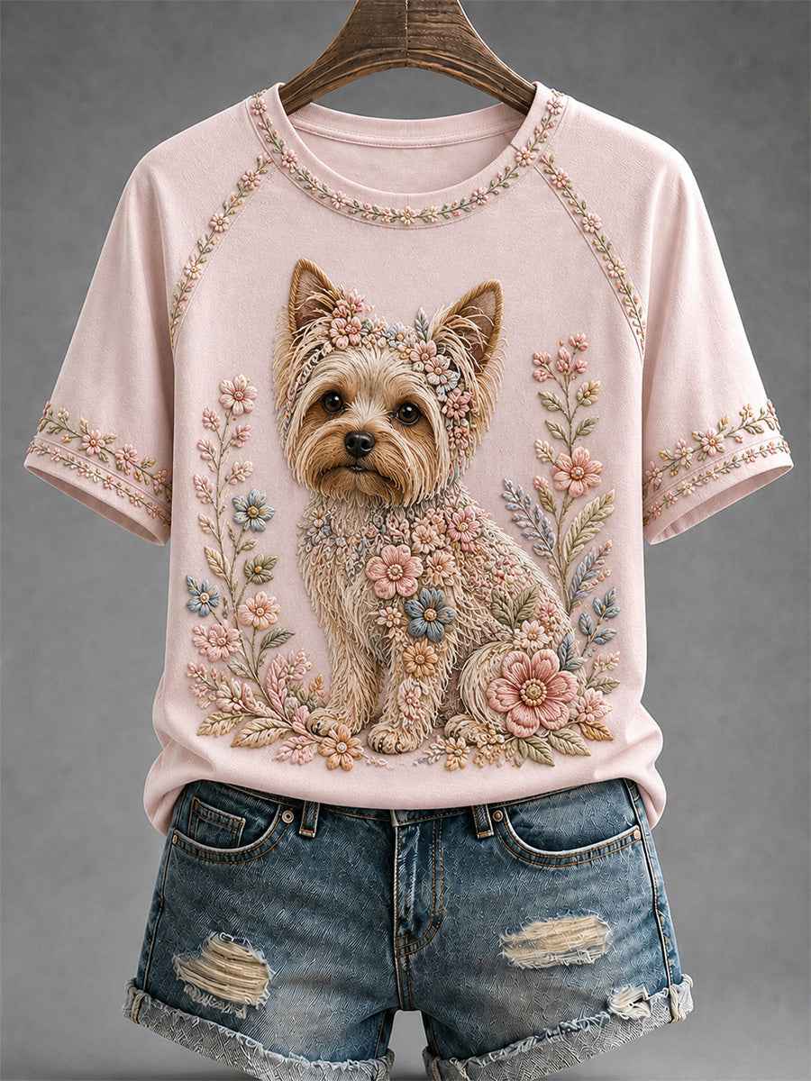 Women's Floral Dog Print Casual Tee