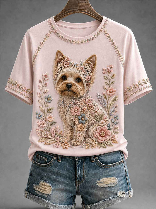 Women's Floral Dog Print Casual Tee