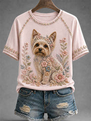 Women's Floral Dog Print Casual Tee