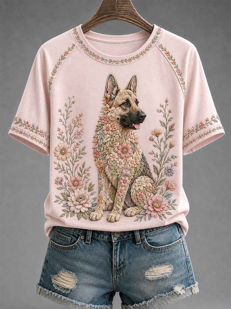 Women's Floral Dog Print Casual Tee