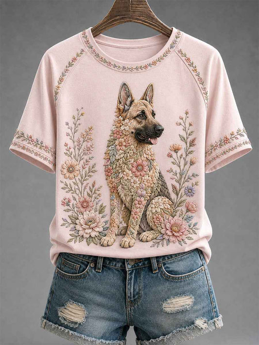 Women's Floral Dog Print Casual Tee