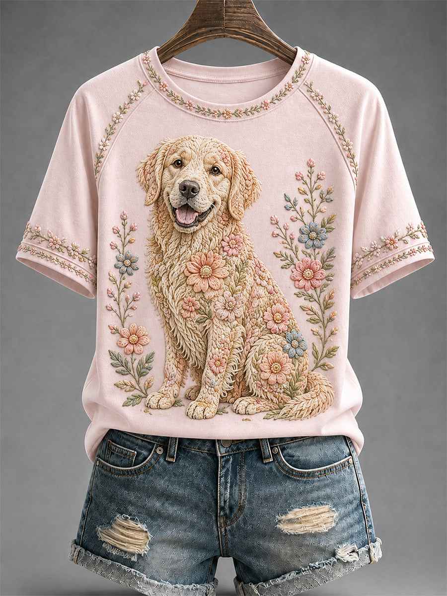 Women's Floral Dog Print Casual Tee