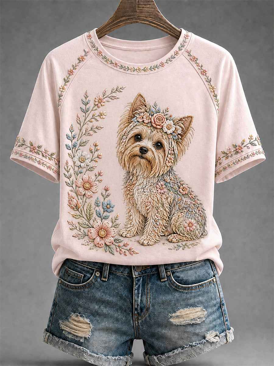 Women's Floral Dog Print Casual Tee