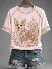 Women's Floral Dog Print Casual Tee