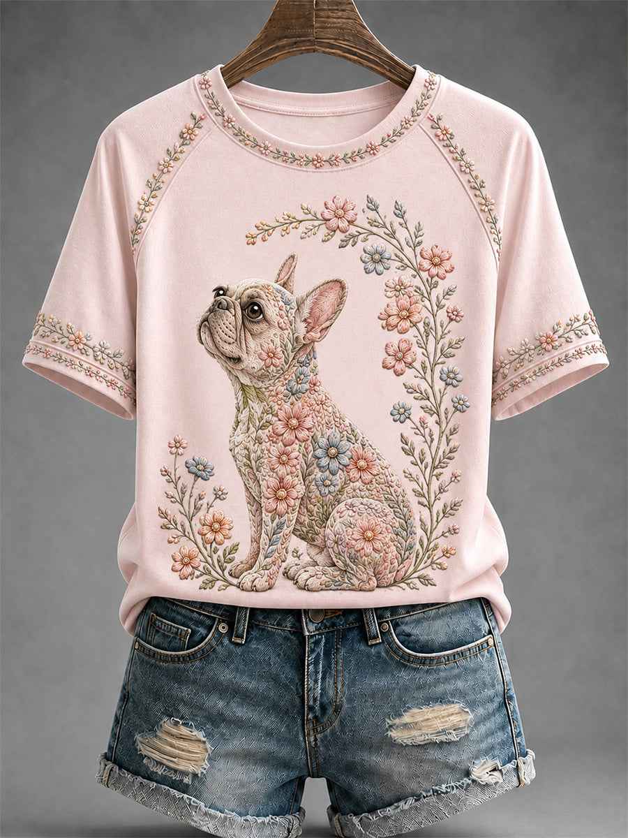 Women's Floral Dog Print Casual Tee