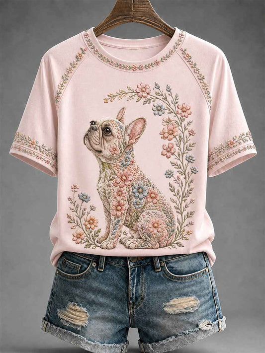 Women's Floral Dog Print Casual Tee