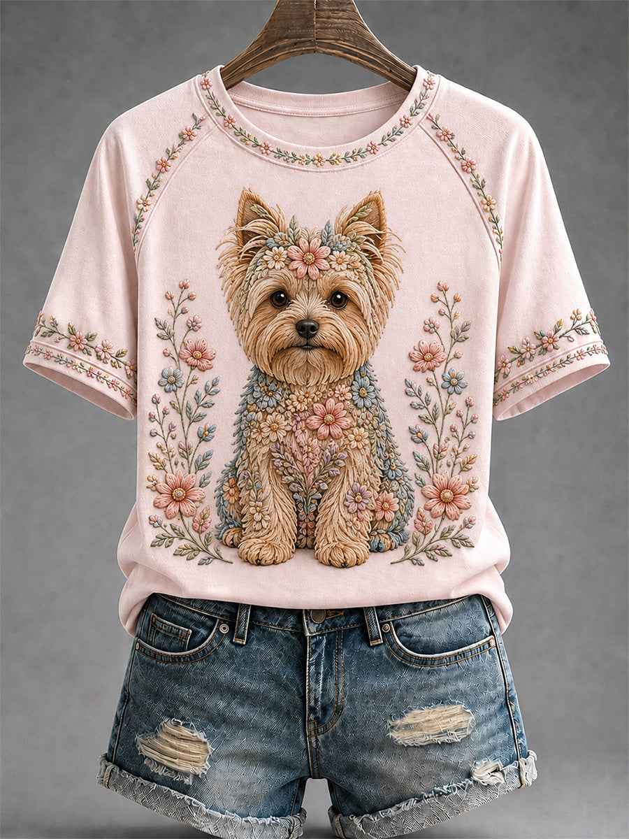 Women's Floral Dog Print Casual Tee