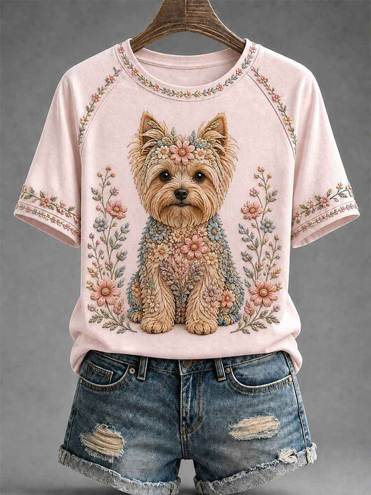 Women's Floral Dog Print Casual Tee