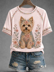 Women's Floral Dog Print Casual Tee