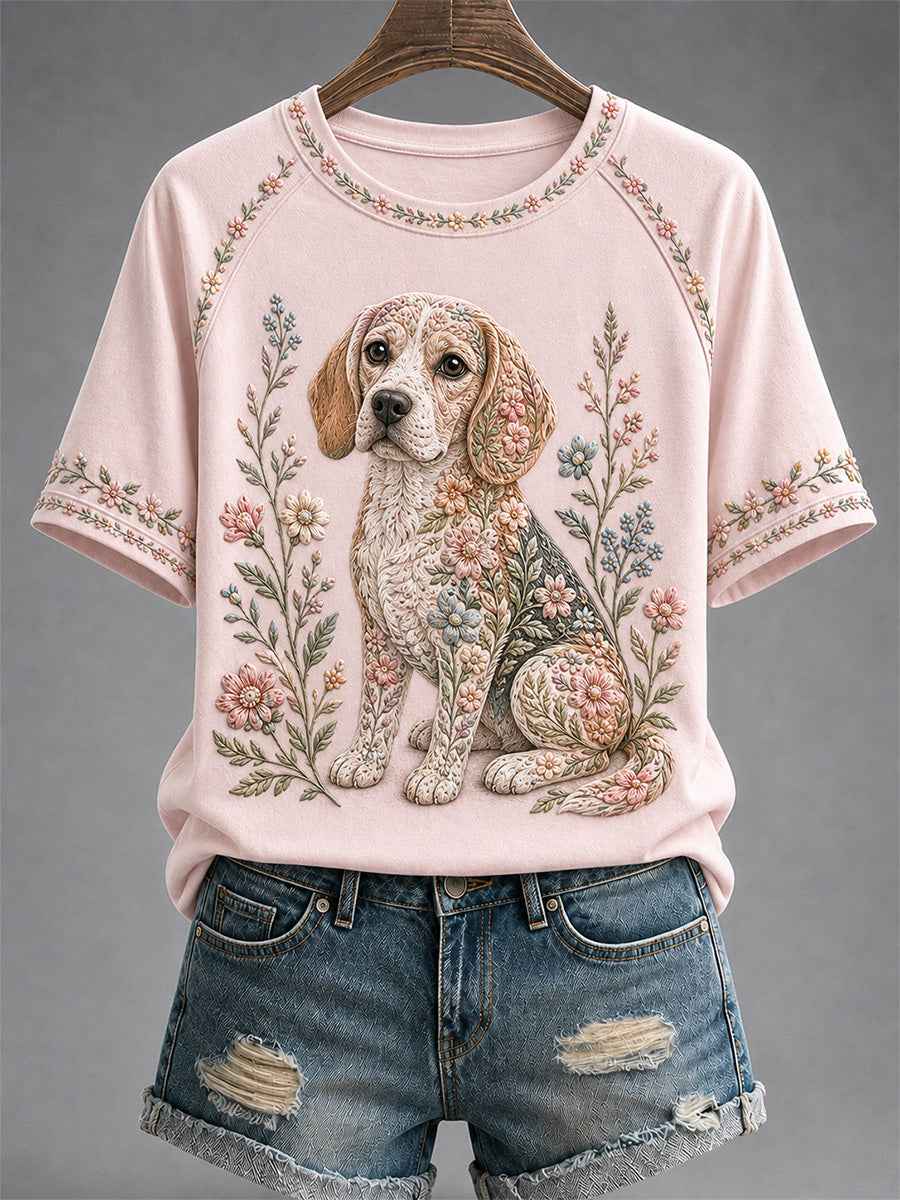 Women's Floral Dog Print Casual Tee