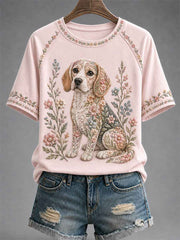 Women's Floral Dog Print Casual Tee