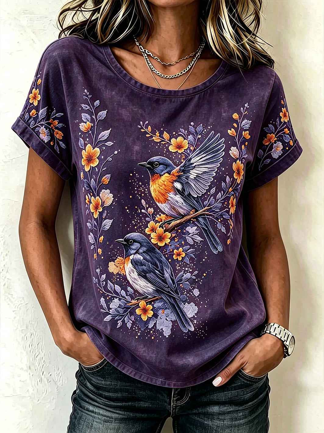 Women's purple floral and bird pattern printed casual short-sleeved t-shirt