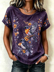 Women's purple floral and bird pattern printed casual short-sleeved t-shirt