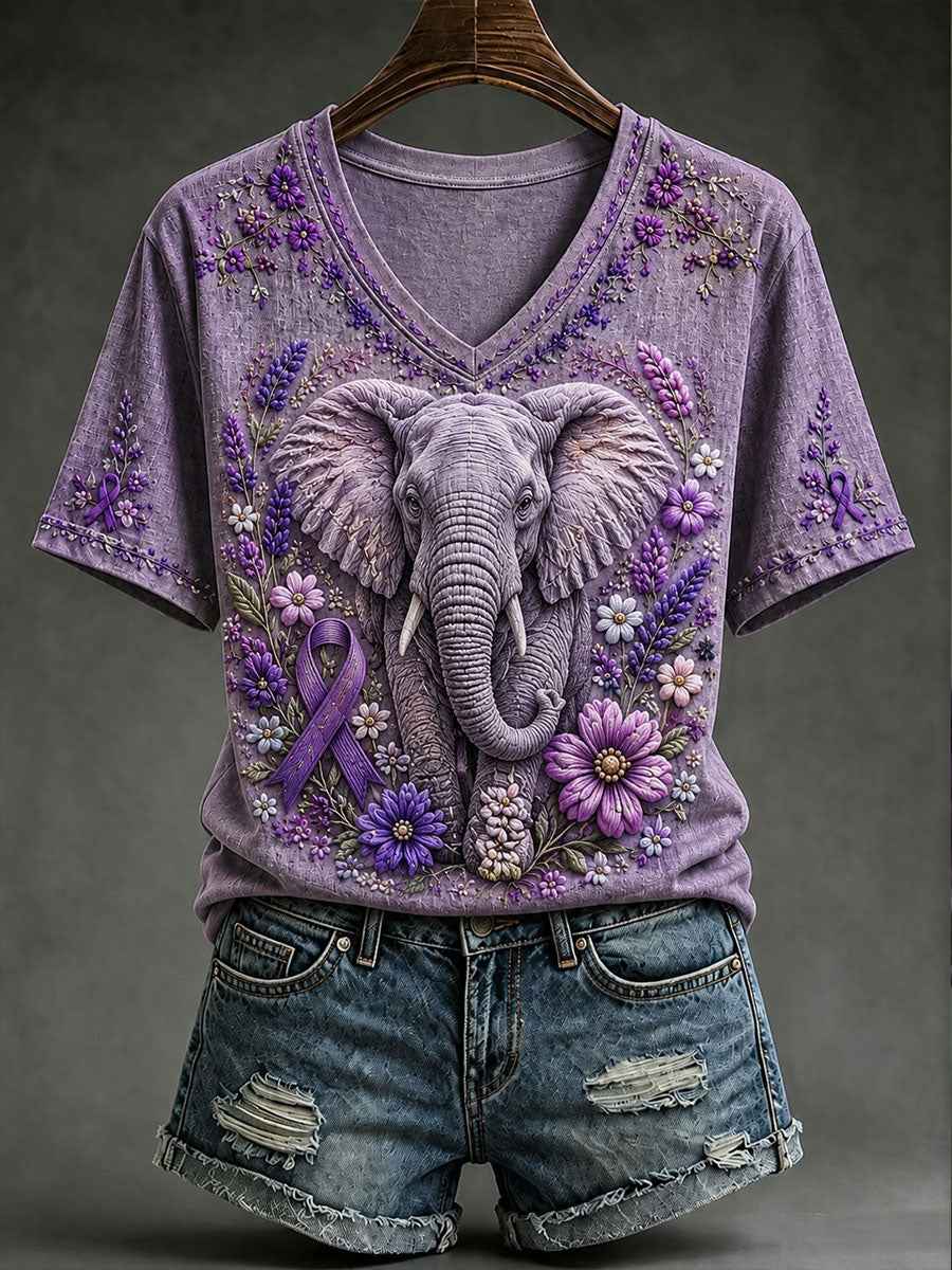 Women's Alzheimer's Awareness Flower Elephant Short-sleeved T-shirt