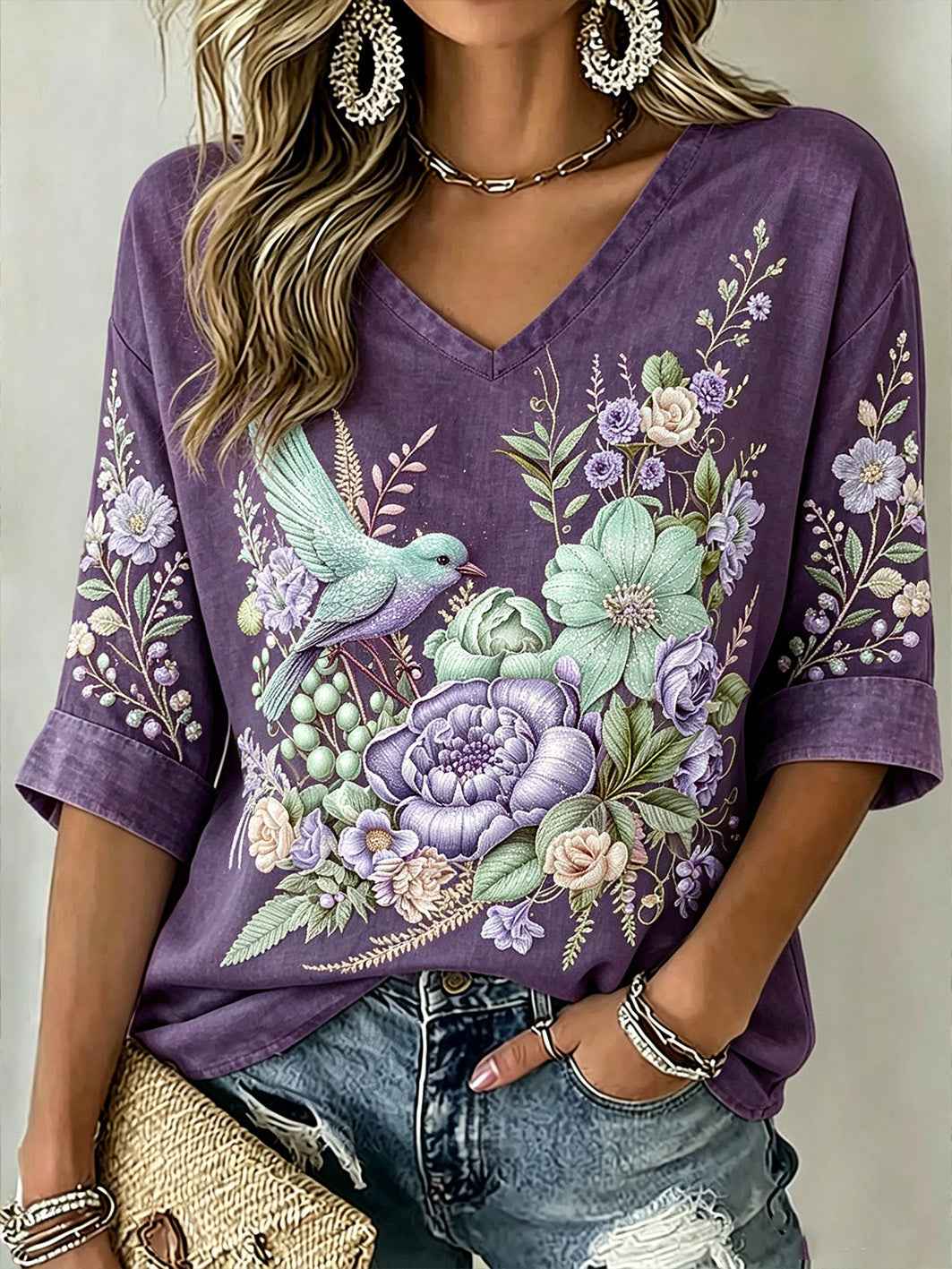 Women's purple floral and bird pattern printed casual linen short-sleeved T-shirt