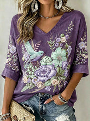 Women's purple floral and bird pattern printed casual linen short-sleeved T-shirt