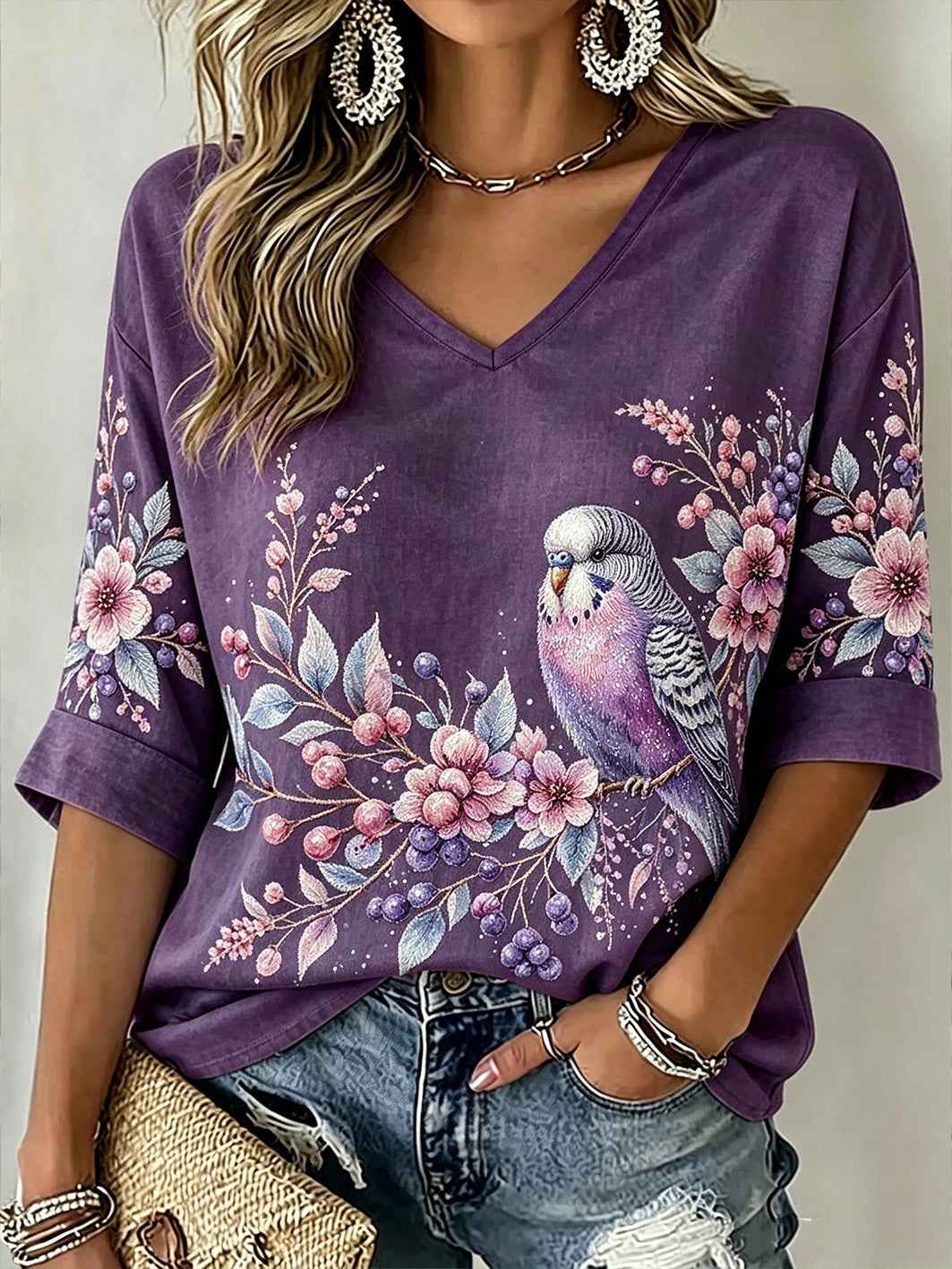 Women's purple floral and bird pattern printed casual linen short-sleeved T-shirt