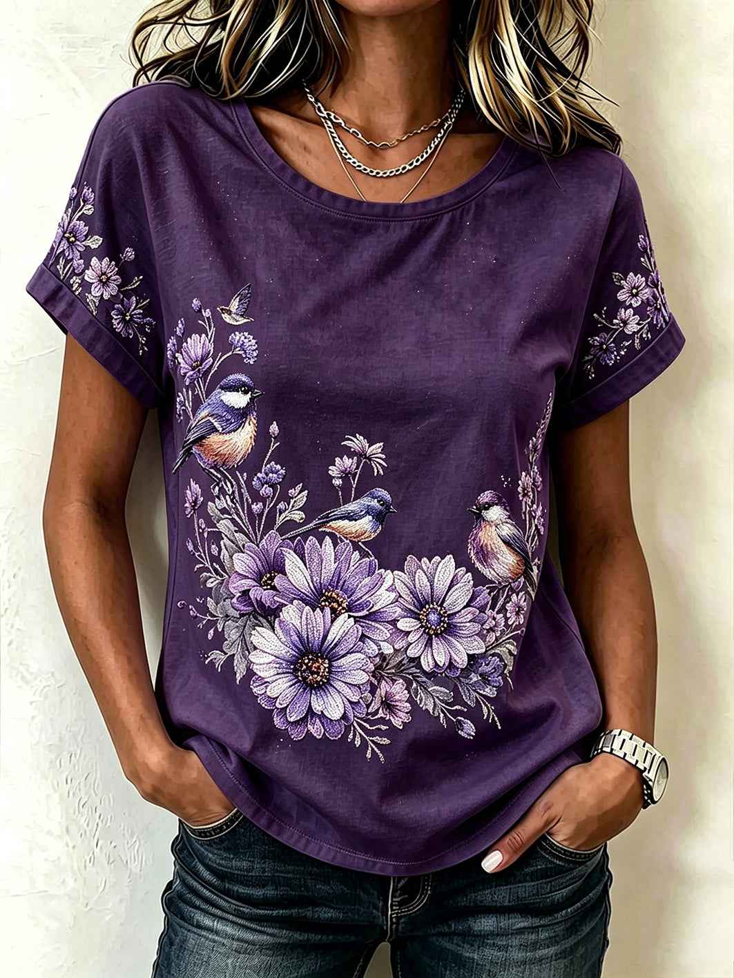 Women's purple flowers pattern printed causal short-sleeved T-shirt