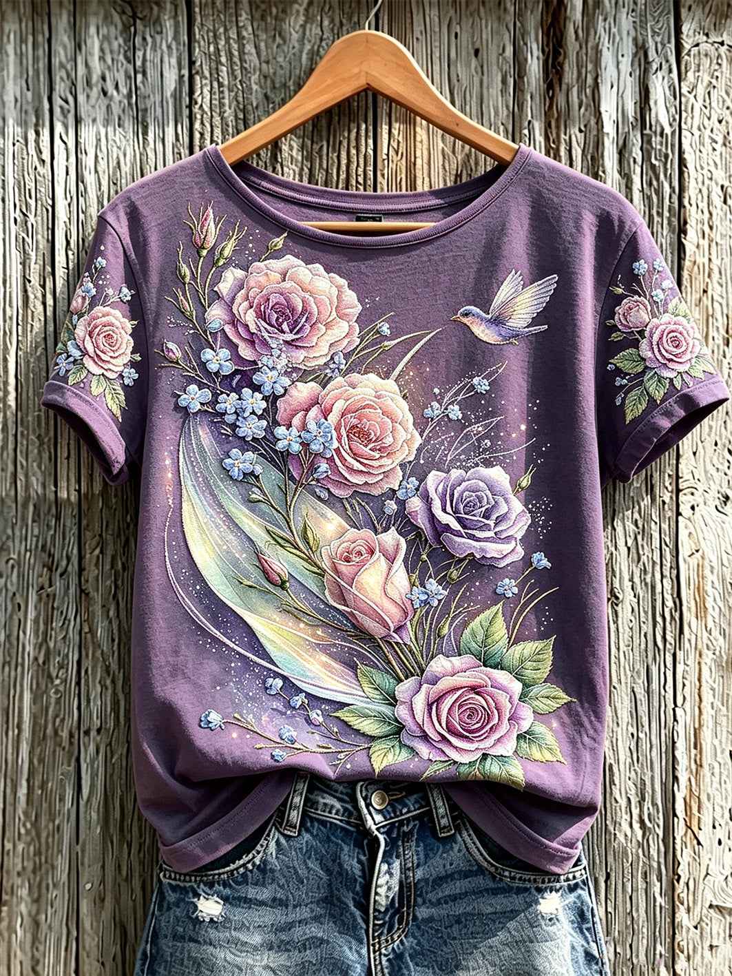 Women's purple flowers pattern printed causal short-sleeved T-shirt