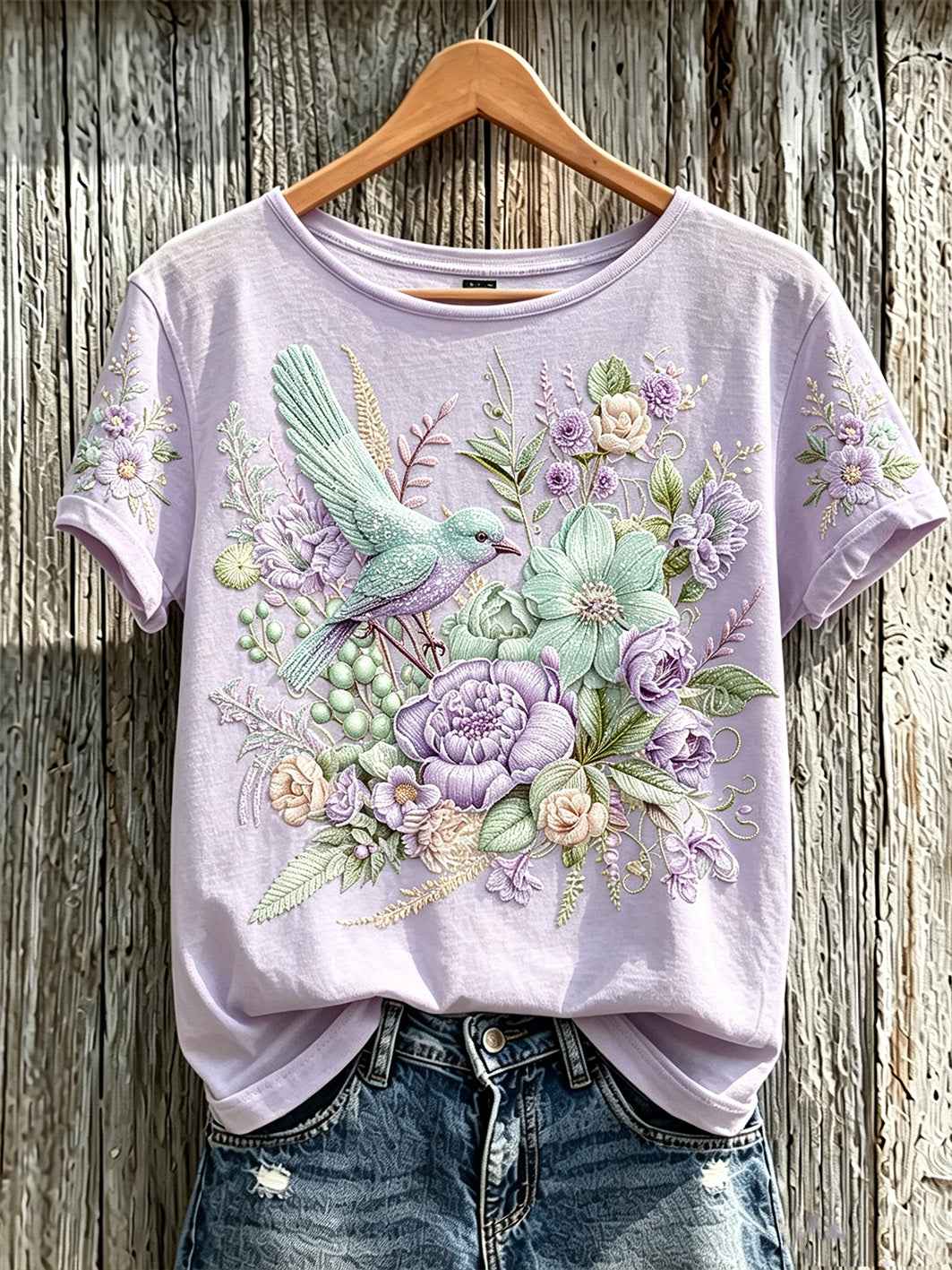 Women's purple flowers pattern printed causal short-sleeved T-shirt