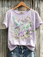 Women's purple flowers pattern printed causal short-sleeved T-shirt