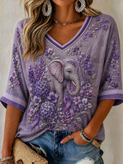 Women's Alzheimer's Awareness Flower Elephant Mid-length Sleeves V-Neck T-Shirt