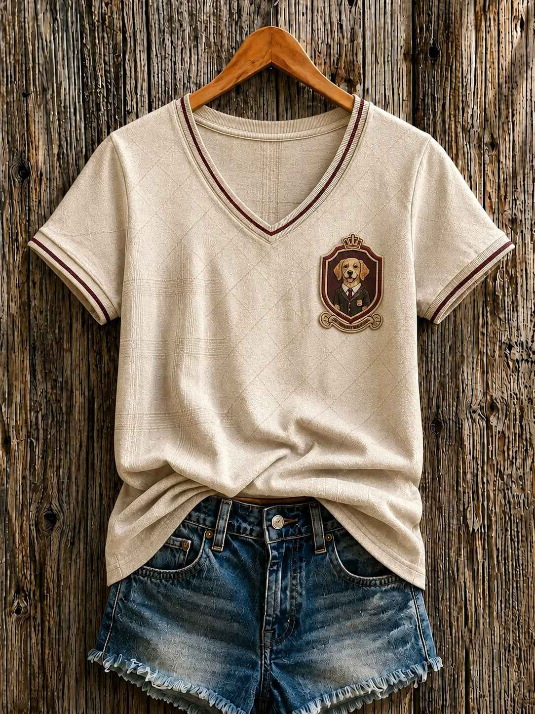 Women's British Cartoon Dog Printed V-neck T-shirt