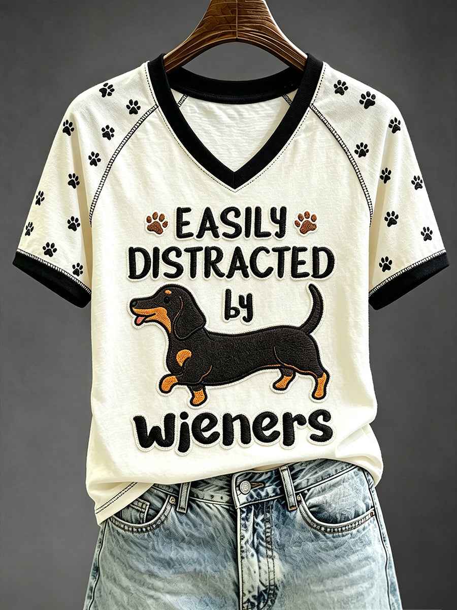 Women's Easily Distracted by Wieners Funny Dachshund Print V-neck Short-sleeved T-shirt