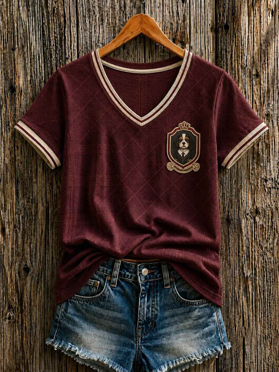 Women's British Cartoon Dog Printed V-neck T-shirt