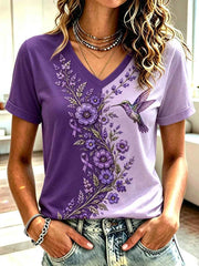 Women's Purple Floral & Hummingbird Print Alzheimer's Awareness Support V-Neck Tee
