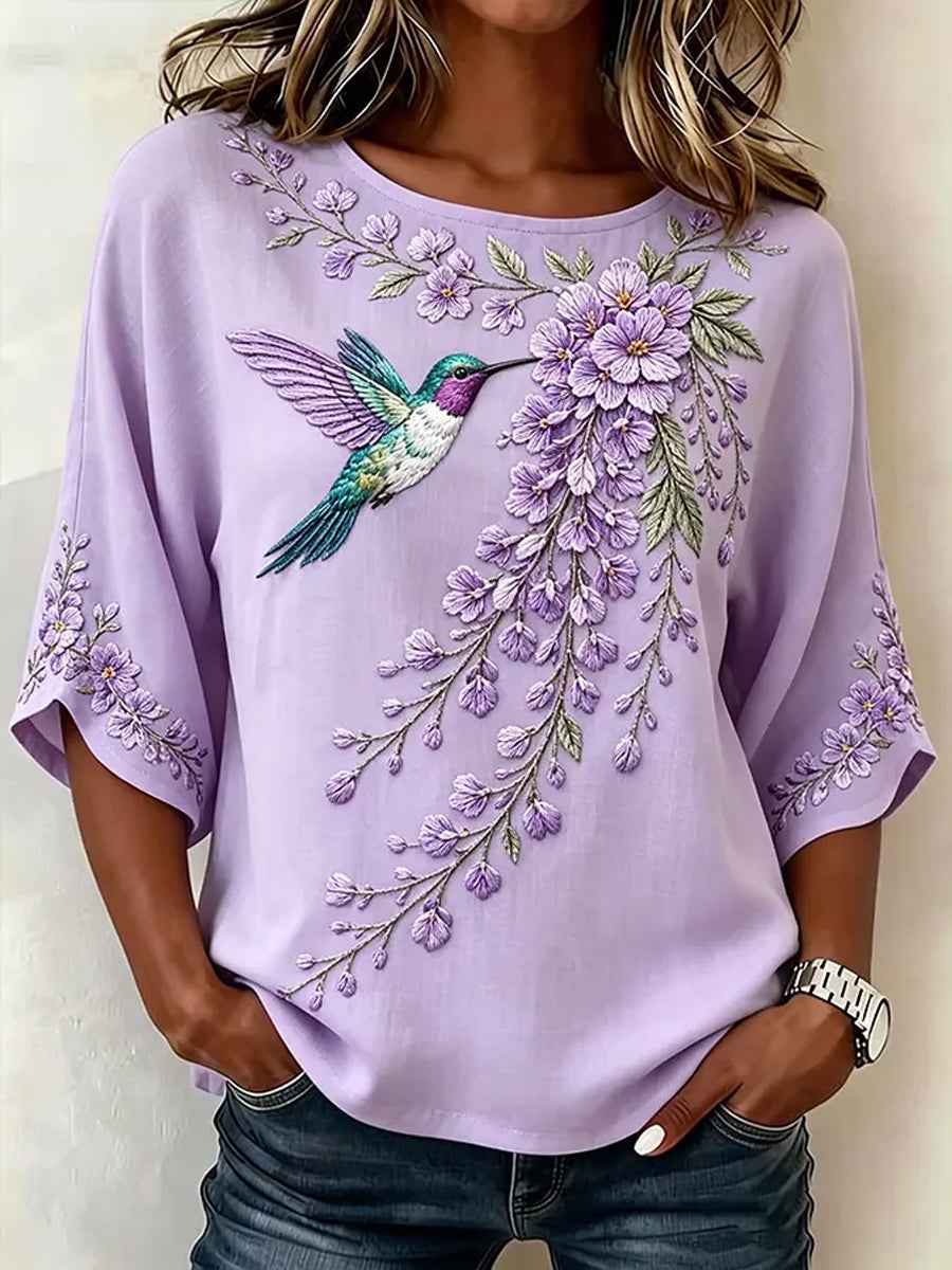 Women's Purple Floral & Hummingbird Print Alzheimer's Awareness Support Shirt