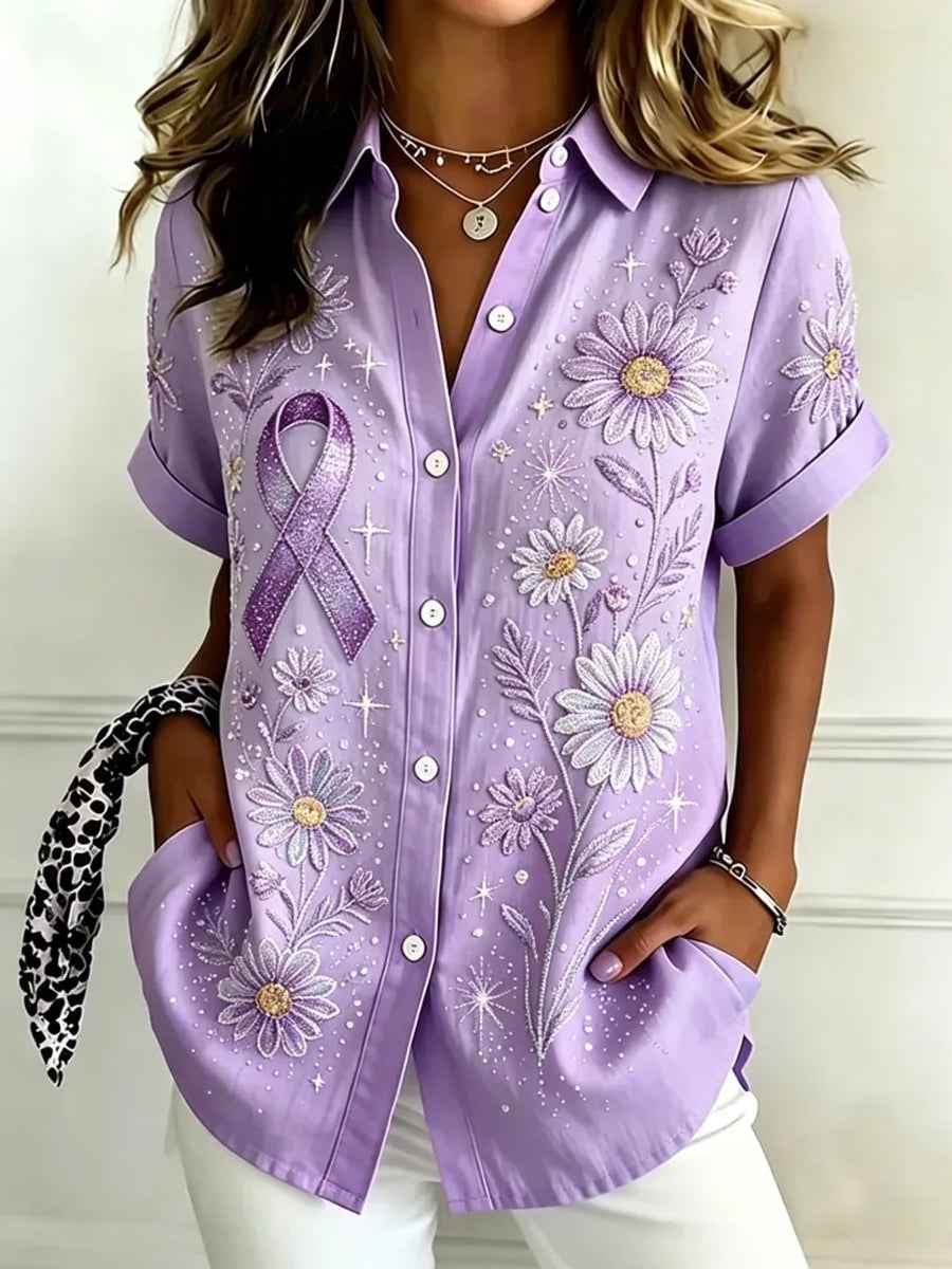 Women's Purple Floral & Hummingbird Print Alzheimer's Awareness Support Shirt