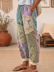 Women's Purple Floral & Hummingbird Print Pants