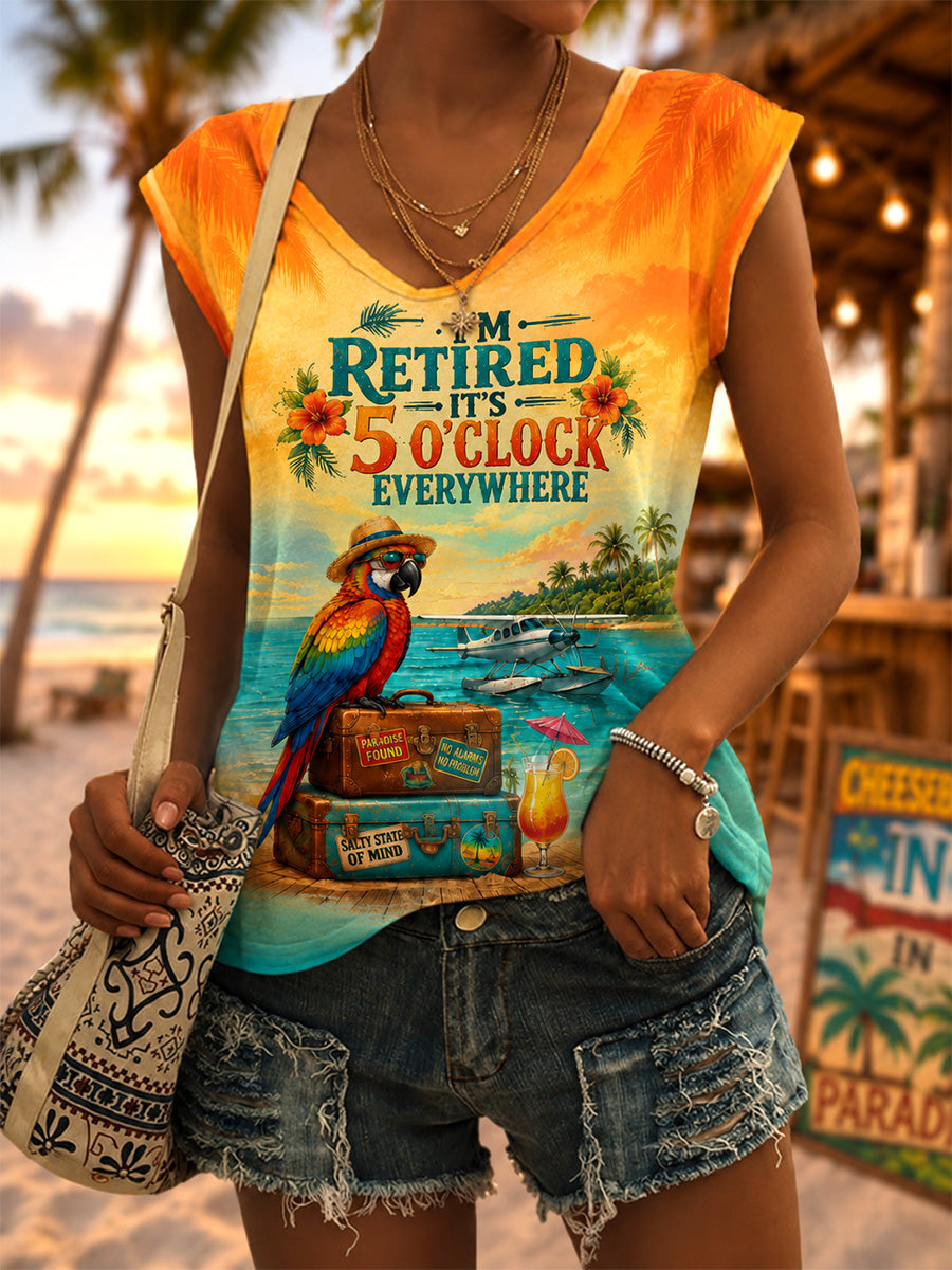 Women's  I'm Retired It's 5 O'clock Everywhere Parrot Print Casual V-Neck Vest gracestitchs