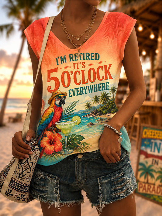 Women's I'm Retired It's 5 O'clock Everywhere Parrot Print Casual V-Neck Vest gracestitchs