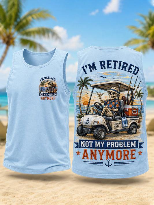 Men's Funny I'm Retired Not My Problem Anymore Skeleton Print Casual Tank Top gracestitchs