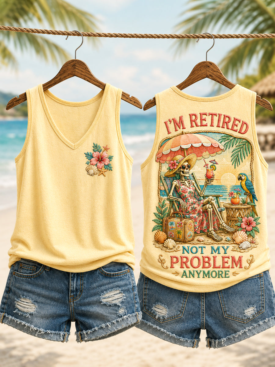 Women's Funny I'm Retired Not My Problem Anymore Skeleton Print Casual Vest gracestitchs