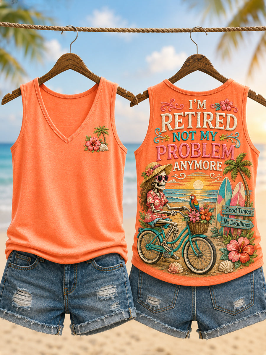 Women's Funny I'm Retired Not My Problem Anymore Skeleton Print Casual Vest gracestitchs