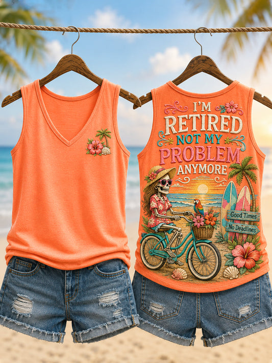 Women's Funny I'm Retired Not My Problem Anymore Skeleton Print Casual Vest gracestitchs